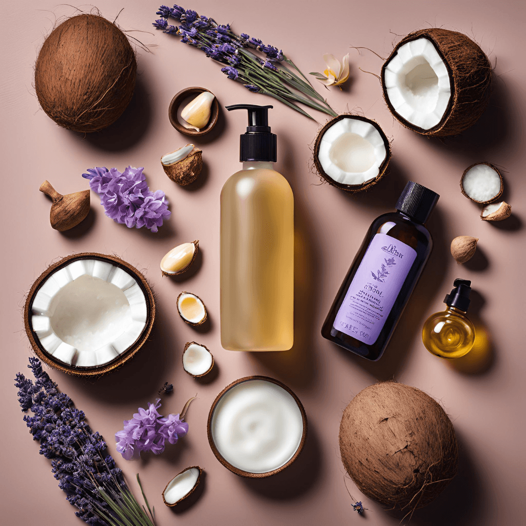 image of natural ingredients arranged artistically with a baby lotion or oil bottle in soft, natural lighting