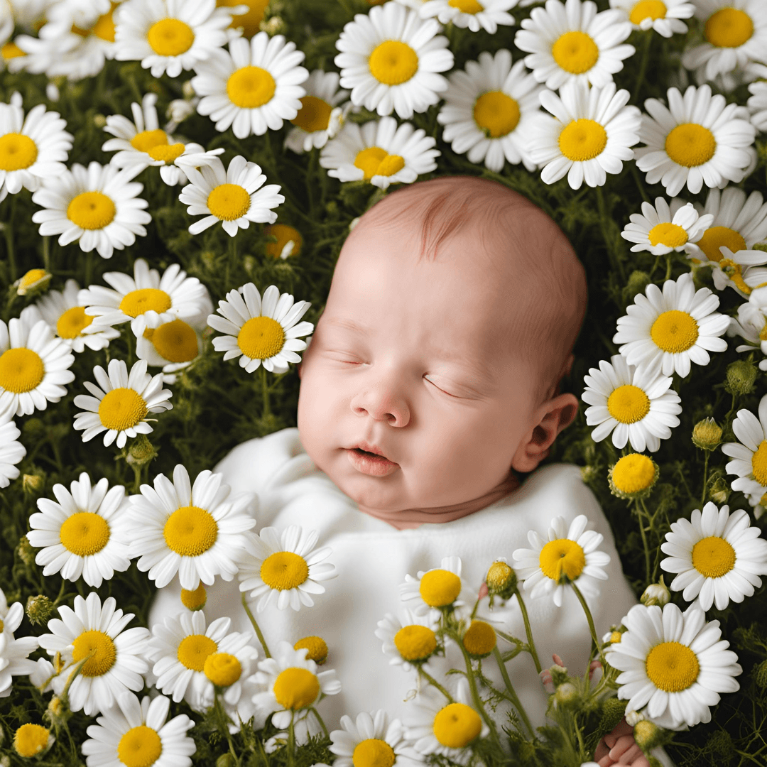 Chamomile flowers and a gentle baby